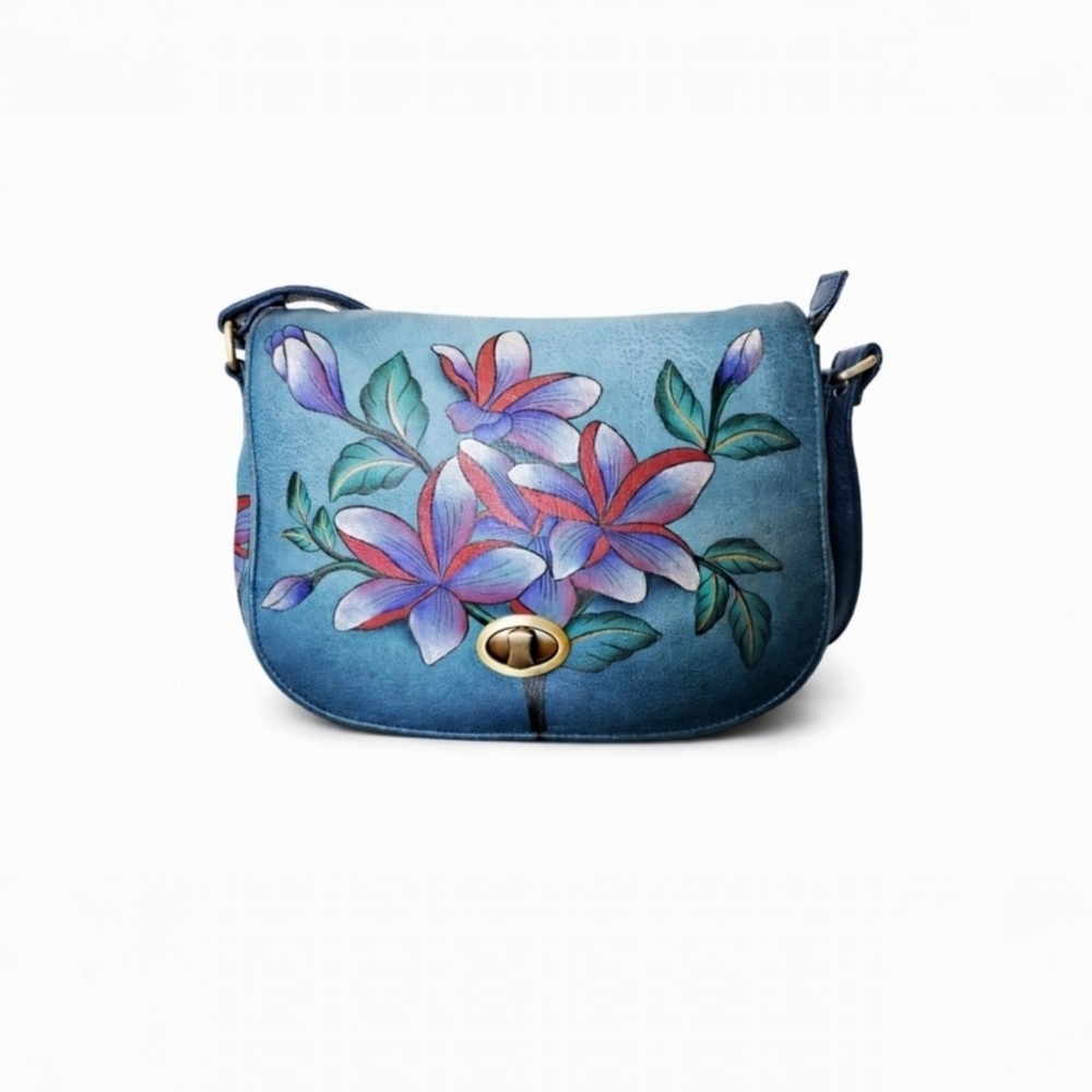 Anuschka Hand Painted Leather Shoulder Bag Blue Tropical Floral Boho Turnlock